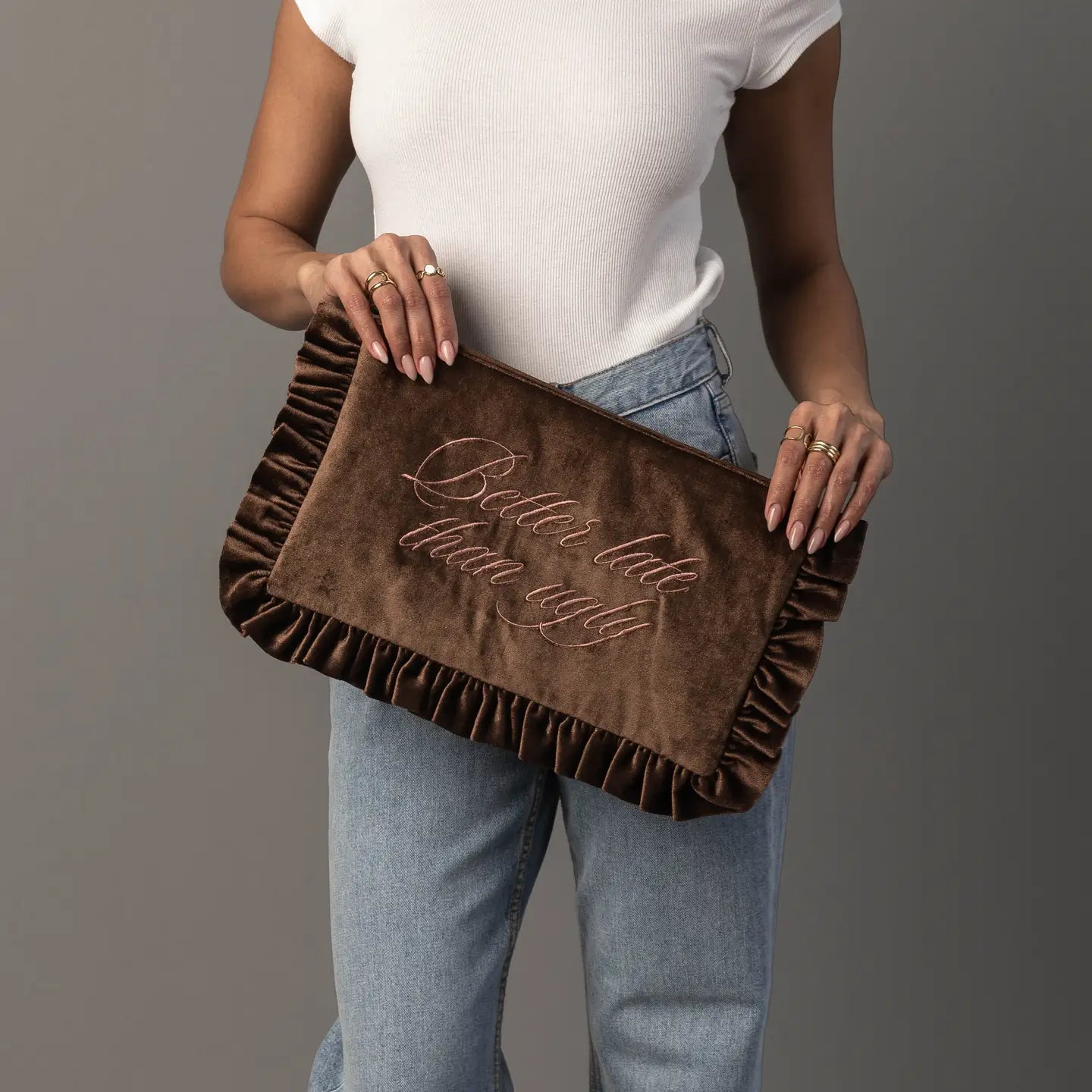 Velvet Ruffle Statement Travel Pouch