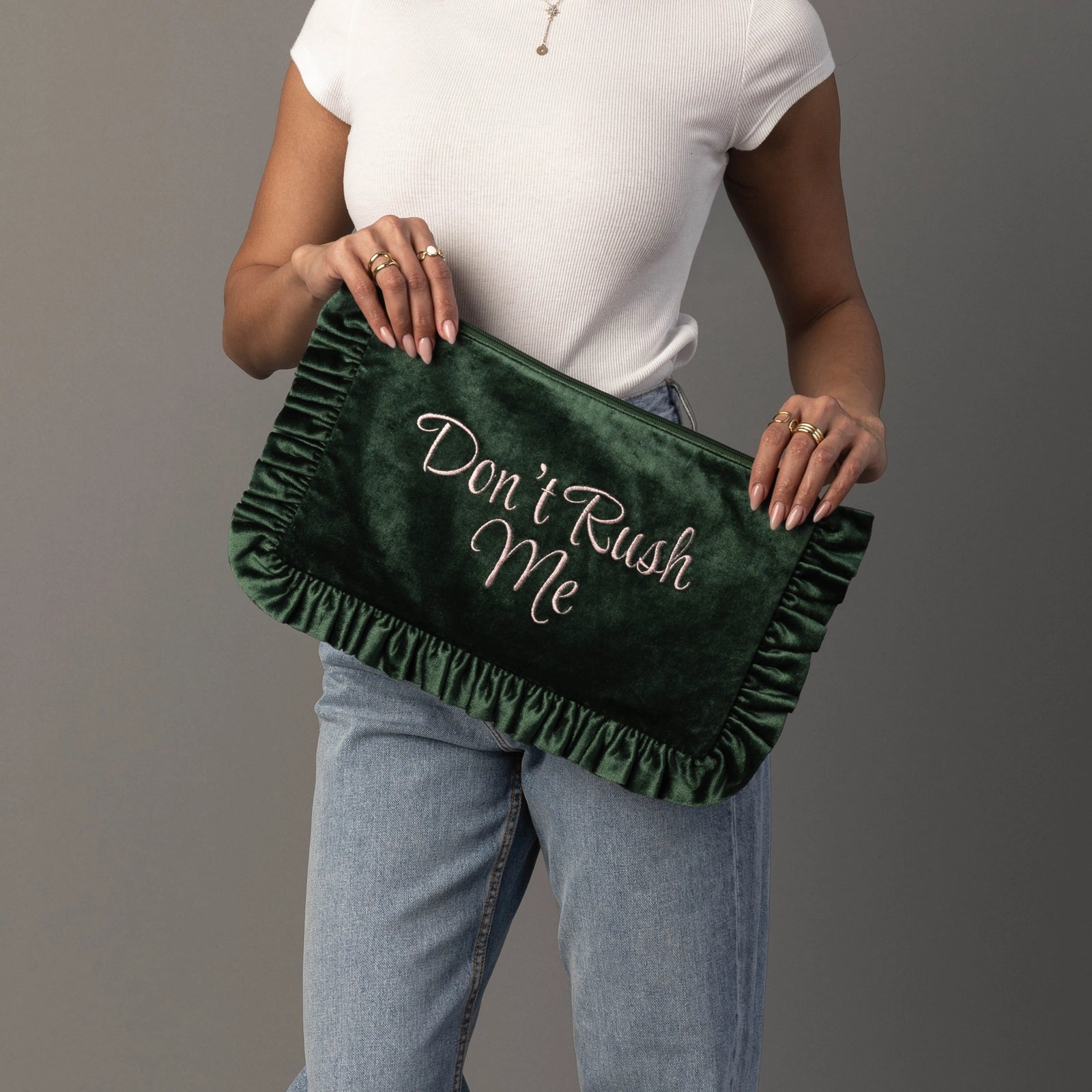 Velvet Ruffle Statement Travel Pouch