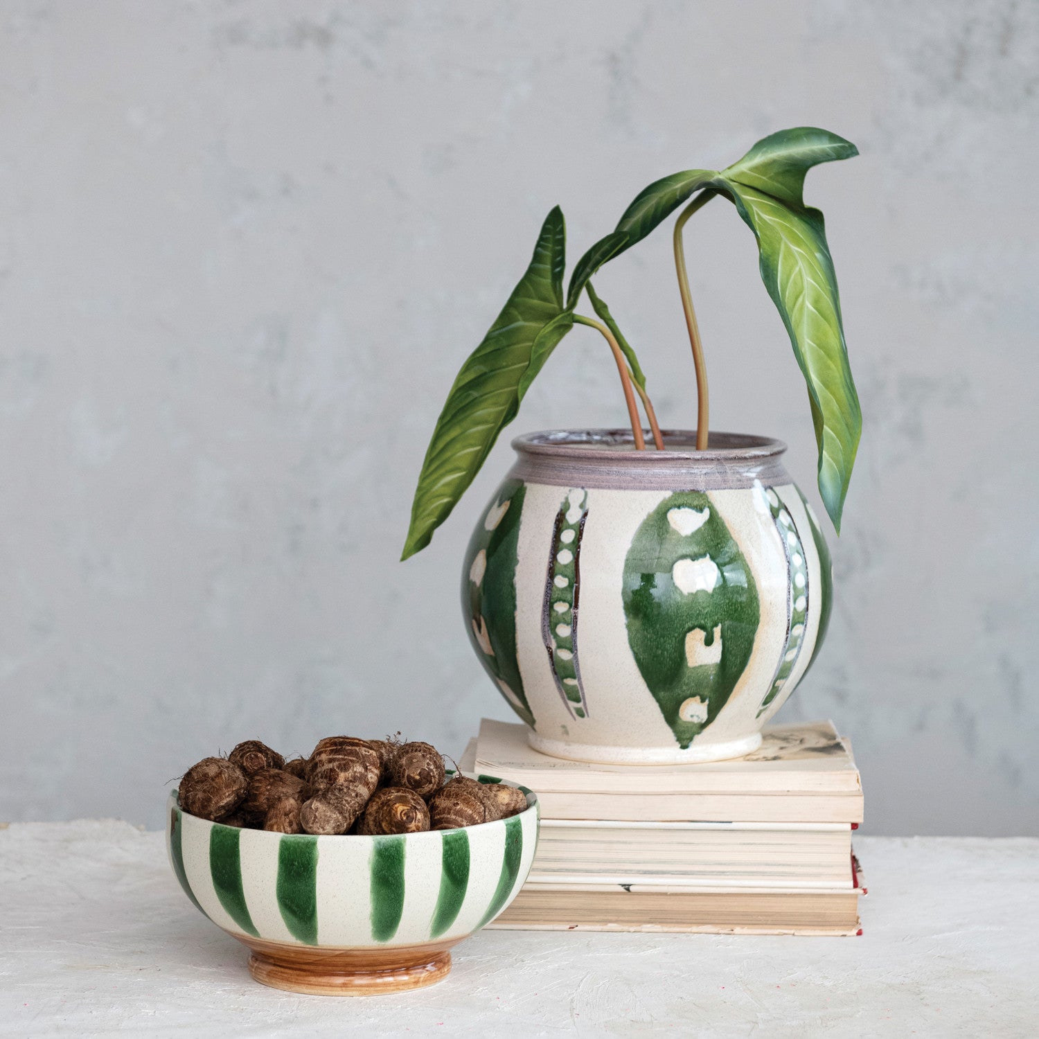 Hand-Painted Striped Stoneware Footed Bowl – 10.25"