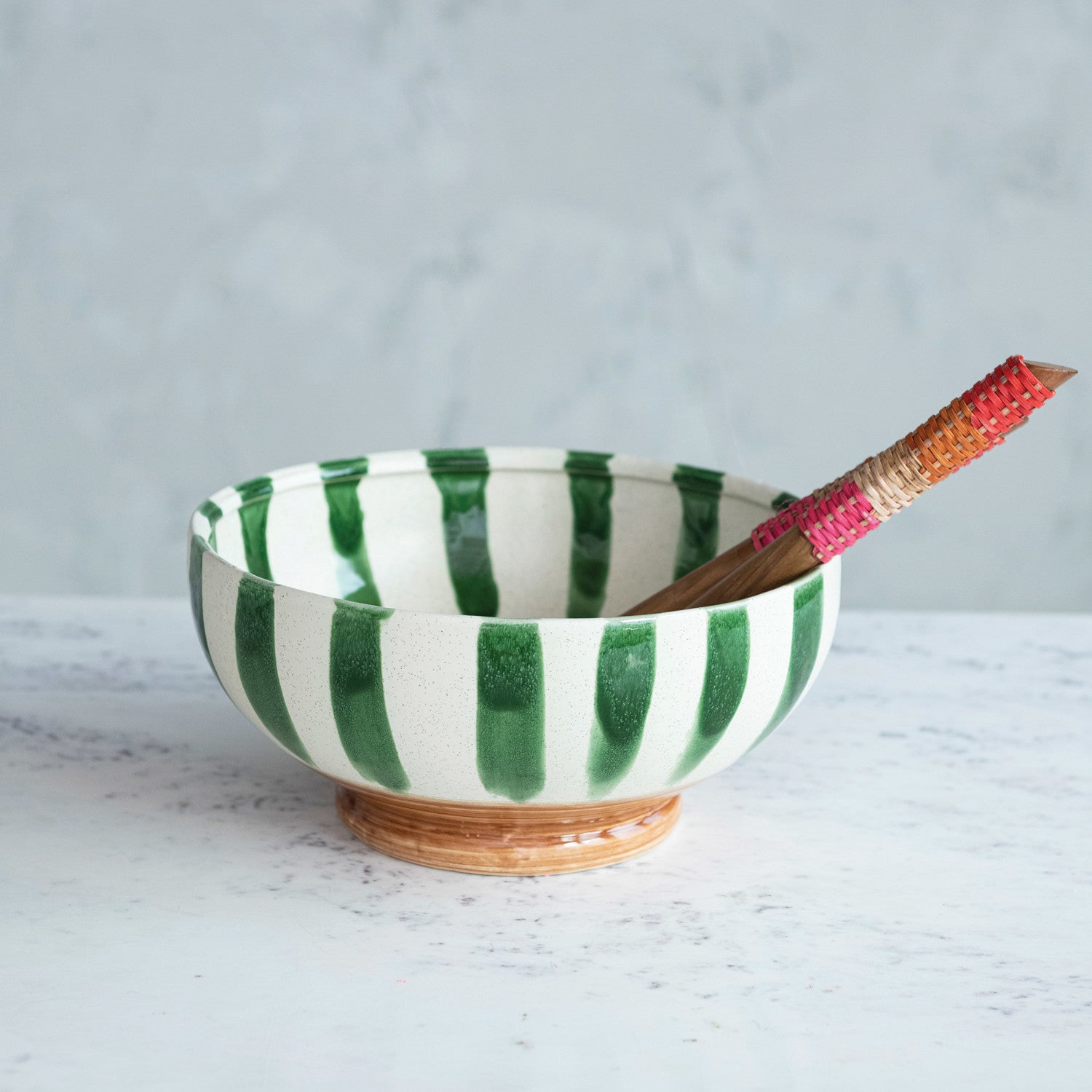 Hand-Painted Striped Stoneware Footed Bowl – 10.25"