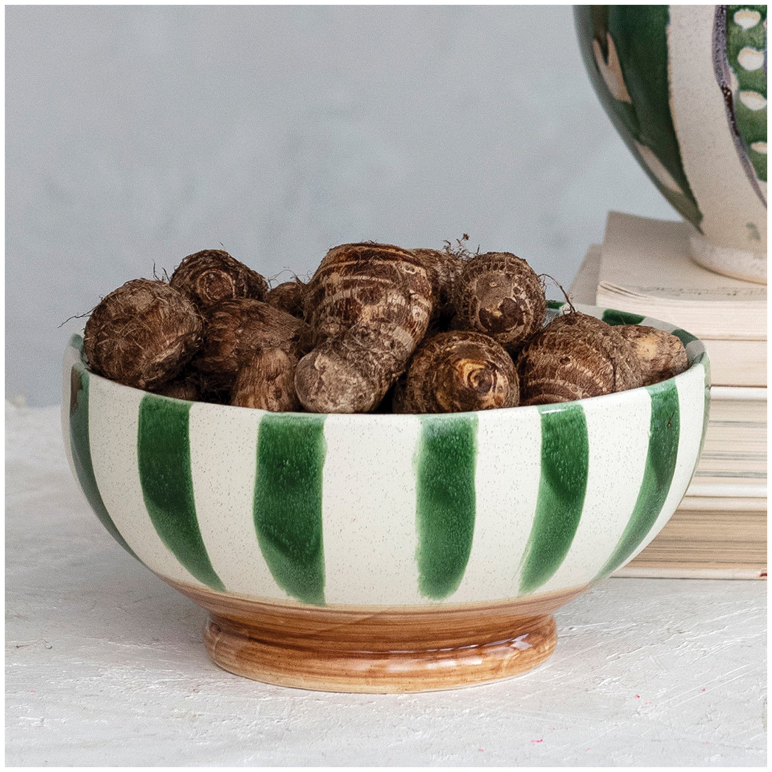 Hand-Painted Striped Stoneware Footed Bowl – 10.25"