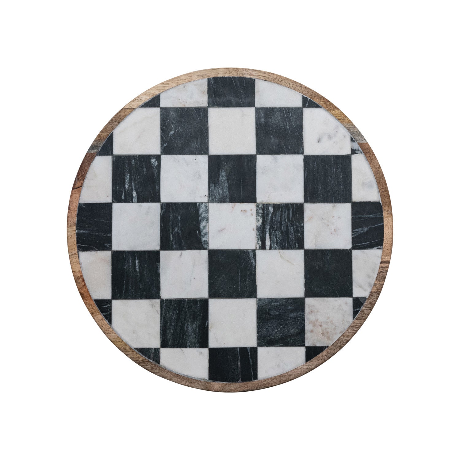 Checkered Mango Wood & Marble Lazy Susan – 16"