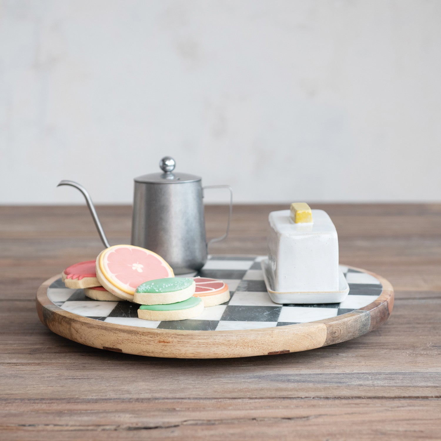 Checkered Mango Wood & Marble Lazy Susan – 16"