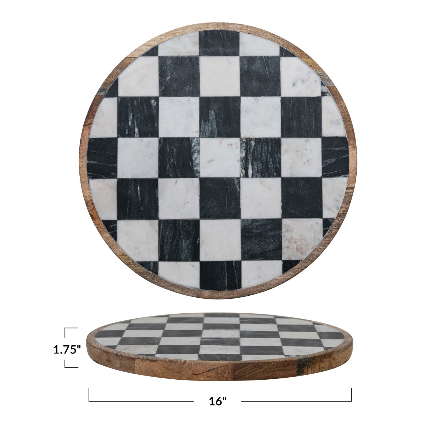 Checkered Mango Wood & Marble Lazy Susan – 16"